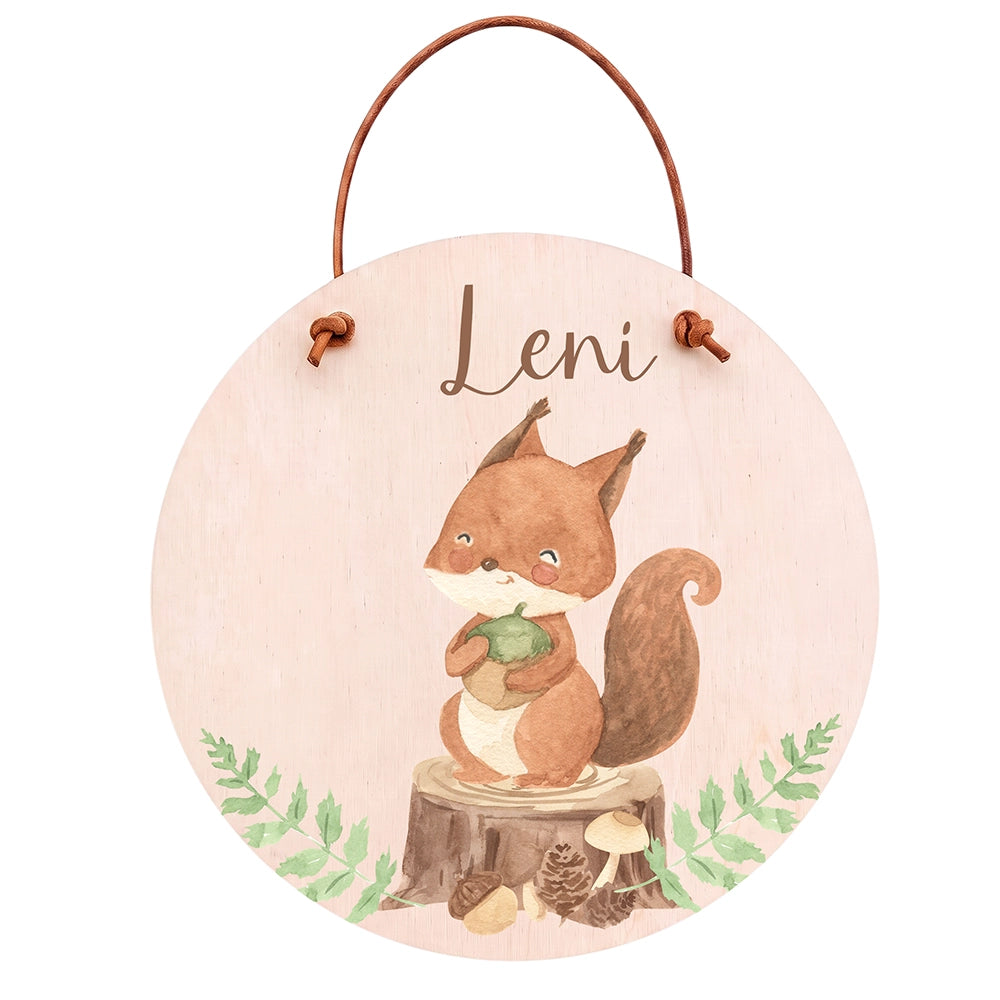 Türschild Kinderzimmer personalisiert mit Name Eichhörnchen im Wald