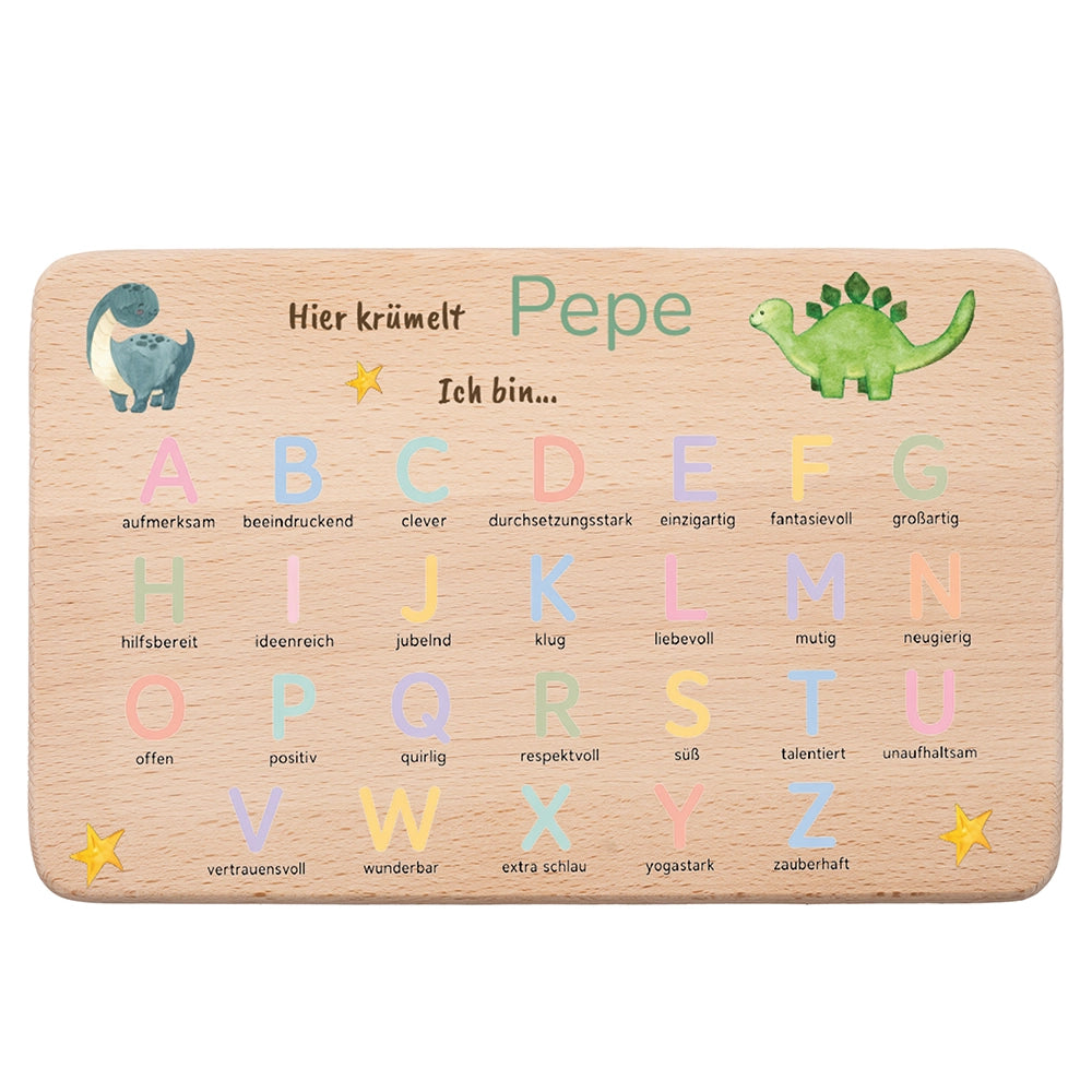 ABC Brettchen Kinder personalisiert – Dinosaurier pastell