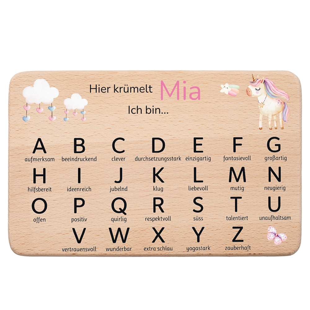 ABC Brettchen Kinder personalisiert – Einhorn mit Musiknoten