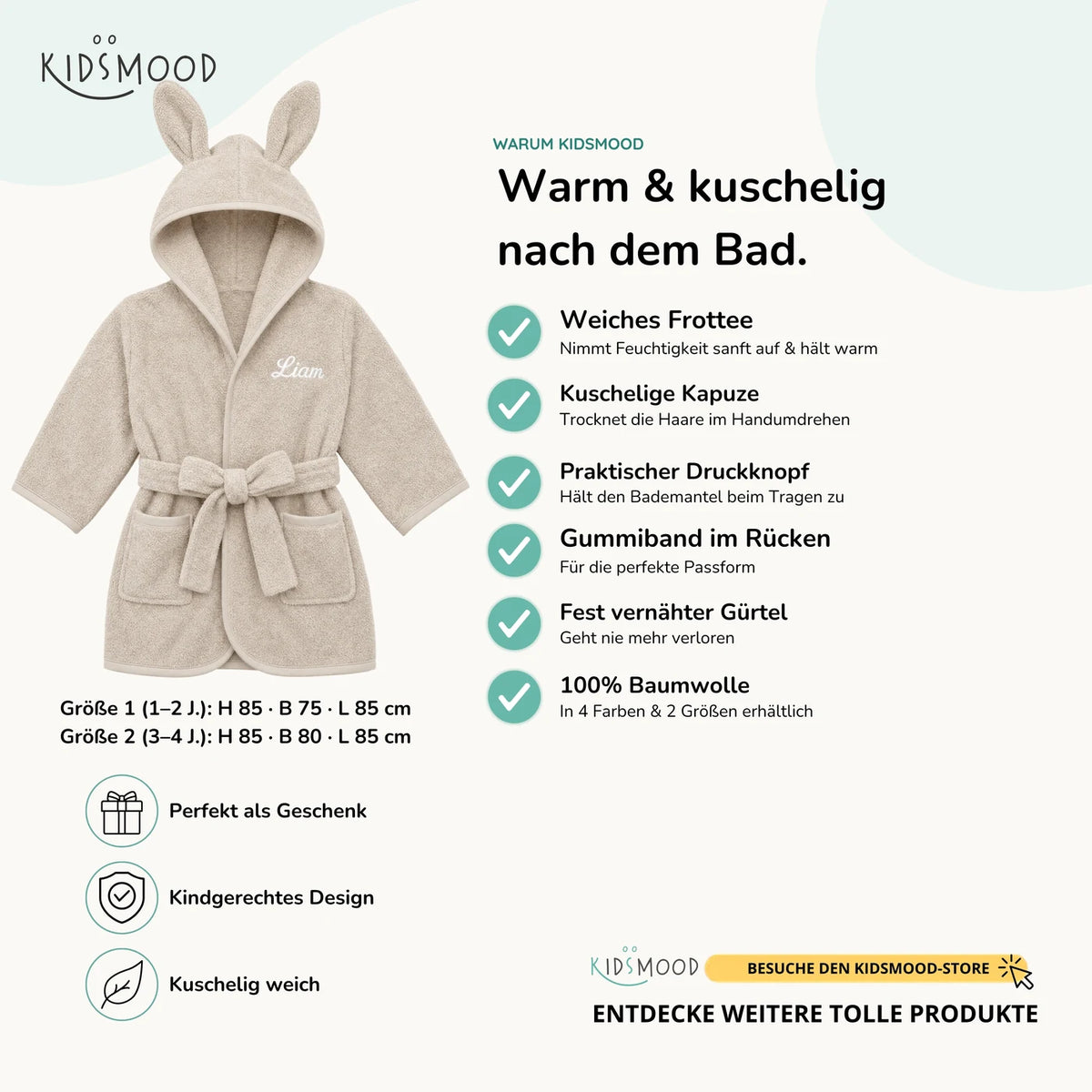 Kinderbademantel mit Namen Jollein Nougat