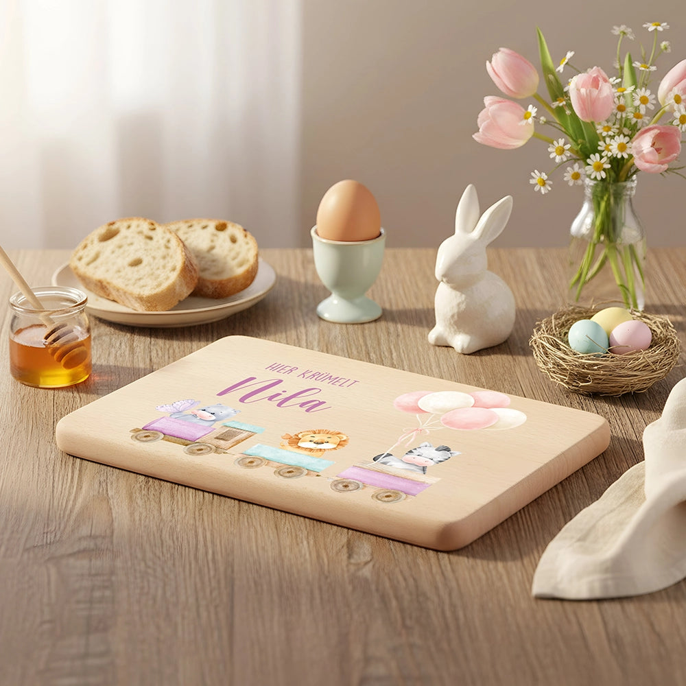 Frühstücksbrettchen Holz personalisiert - Tiere Eisenbahn