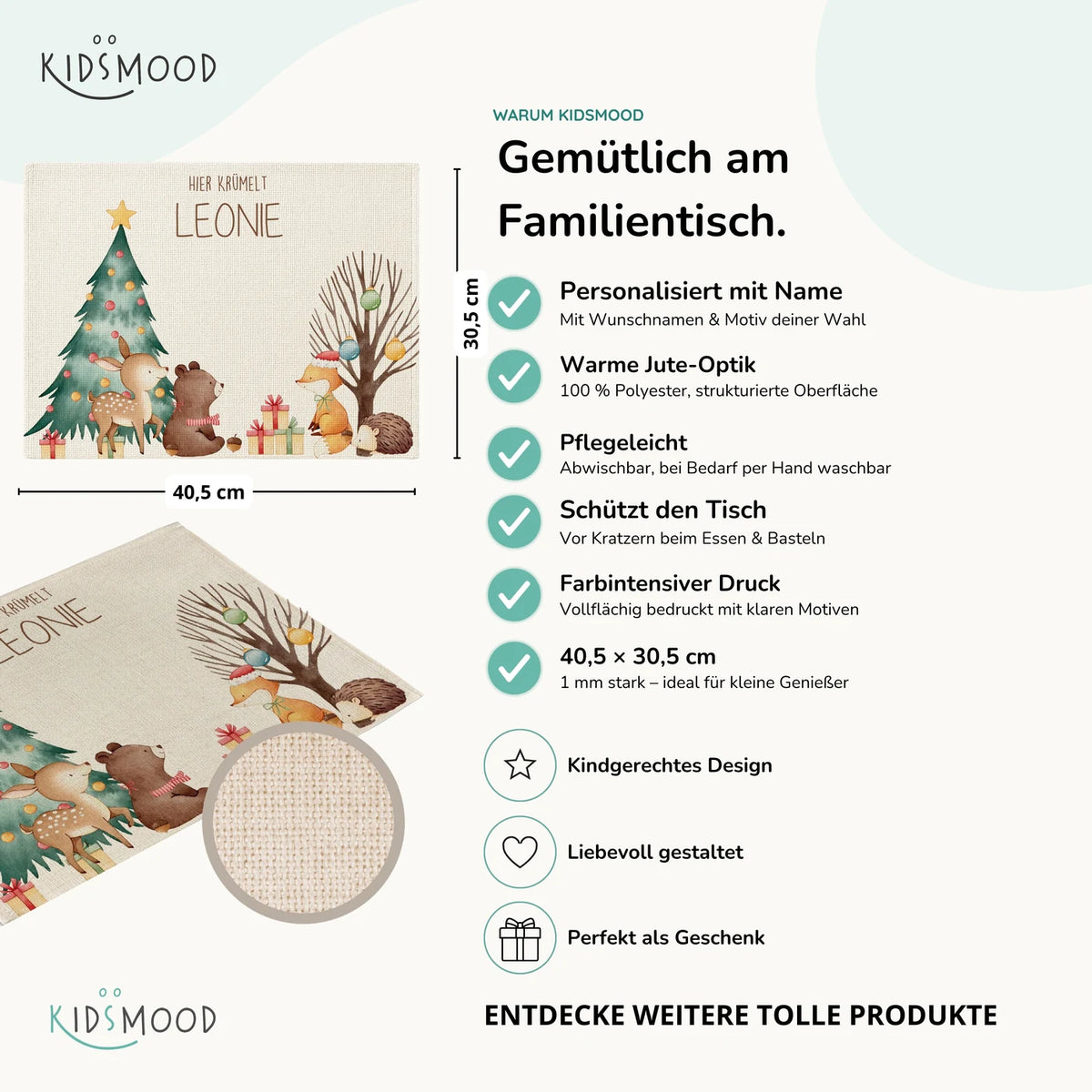 Tischset Kinder personalisiert Weihnachtsmotiv - BĂ€r Weihnachtsbaum