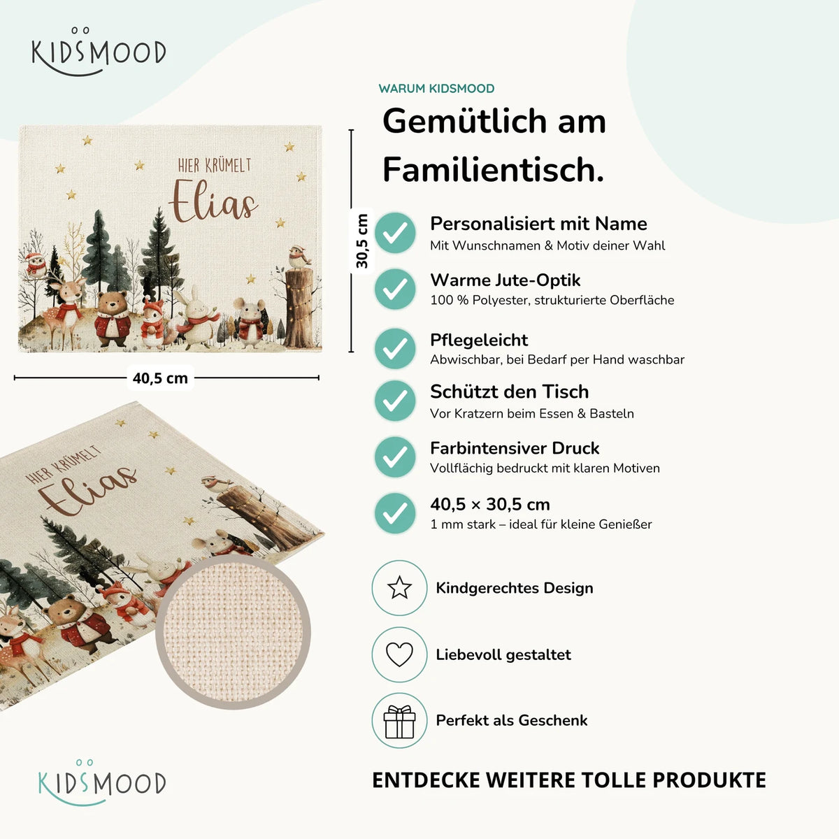 Tischset Kinder personalisiert Weihnachtsmotiv - Festliche Tierchen im Schnee