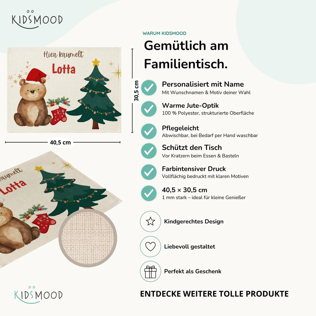 Tischset Kinder personalisiert Weihnachtsmotiv - Süßer Bär