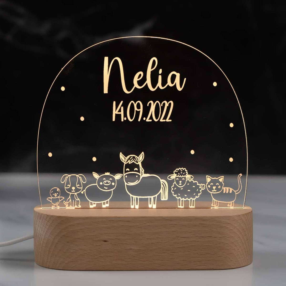 handgefertigte nachtlampe mit bauernhof gravur