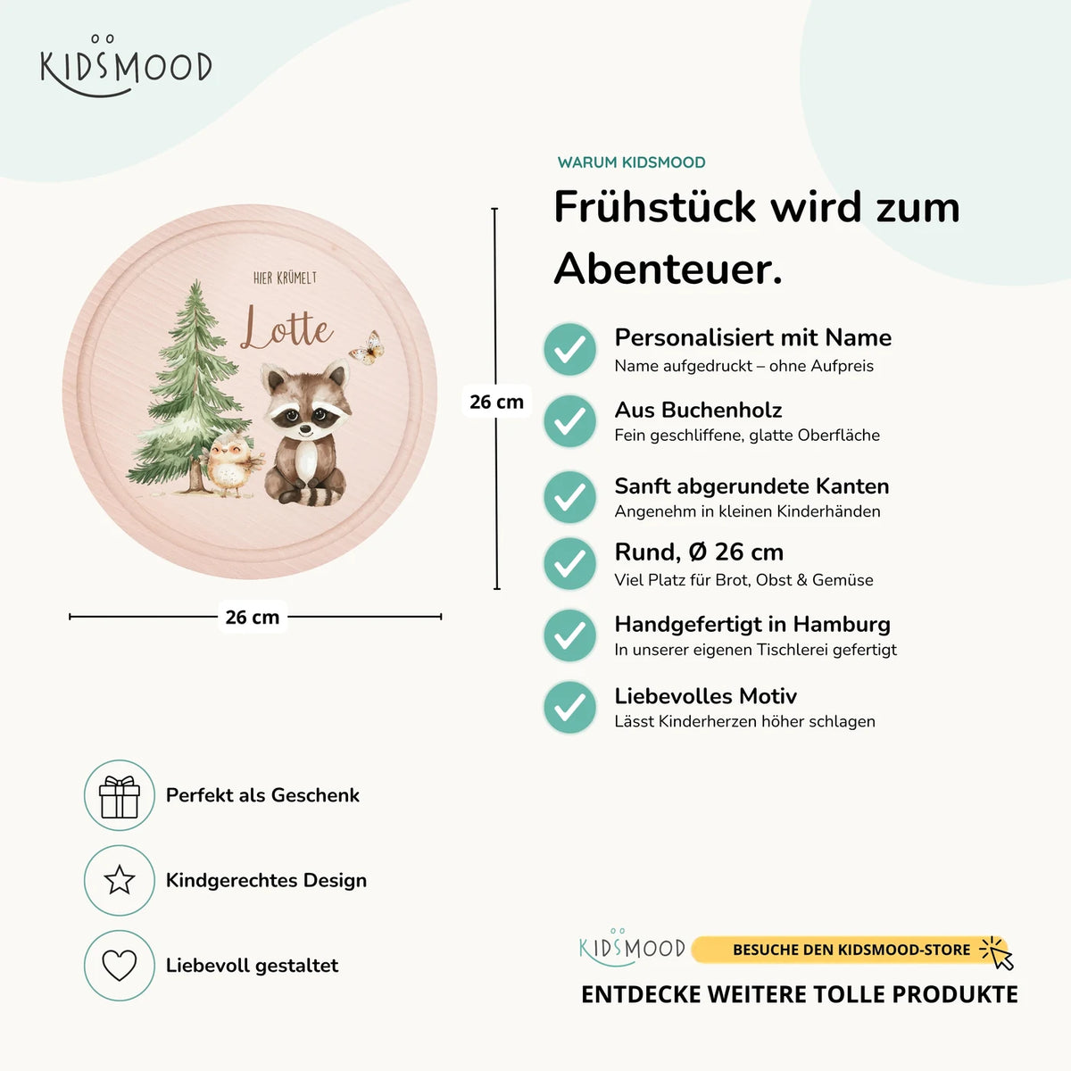 Rundes personalisiertes Frühstücksbrettchen Waschbär und Vogel mit Namen für Kinder