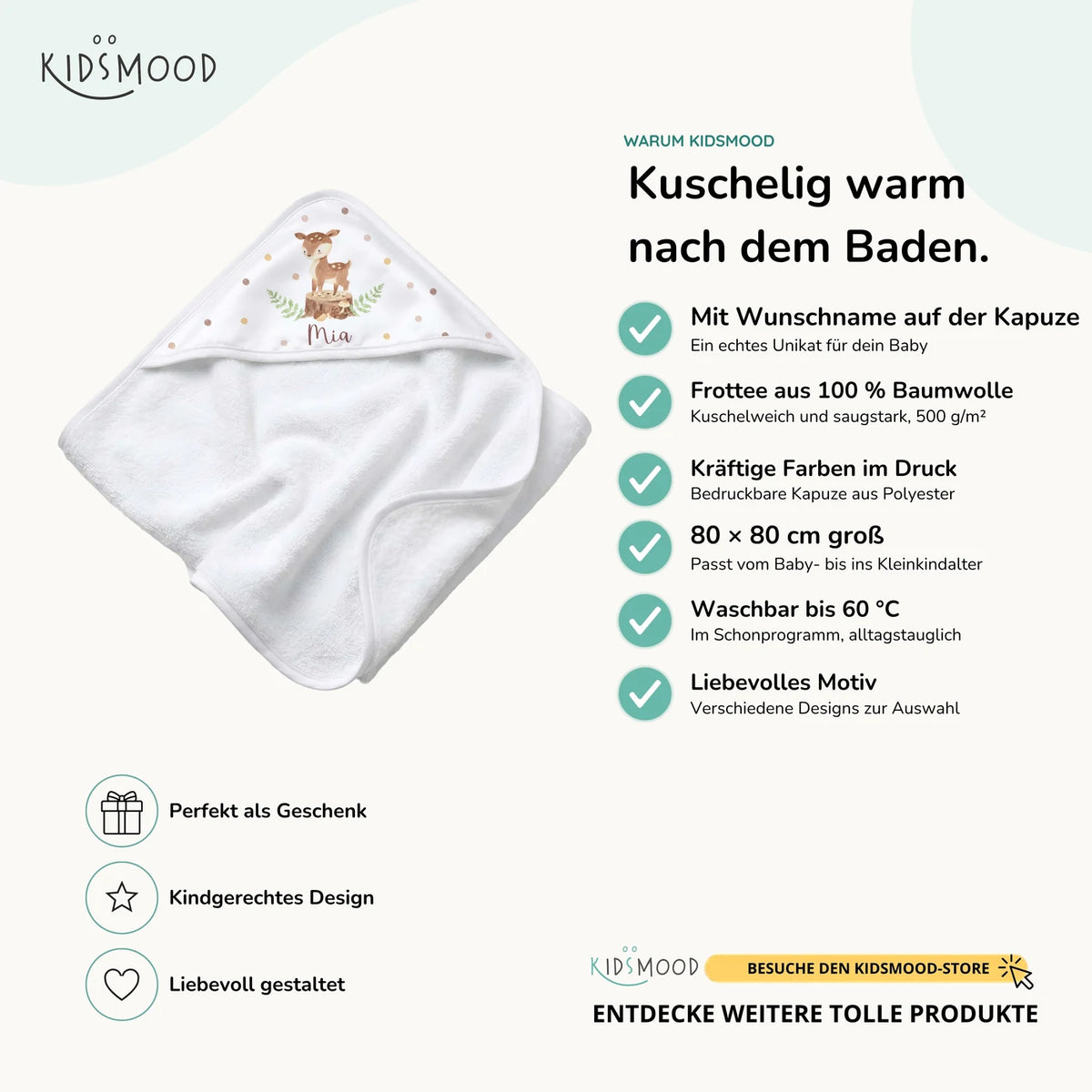 Personalisiertes Kapuzenhandtuch Baby â Reh Baumstumpf