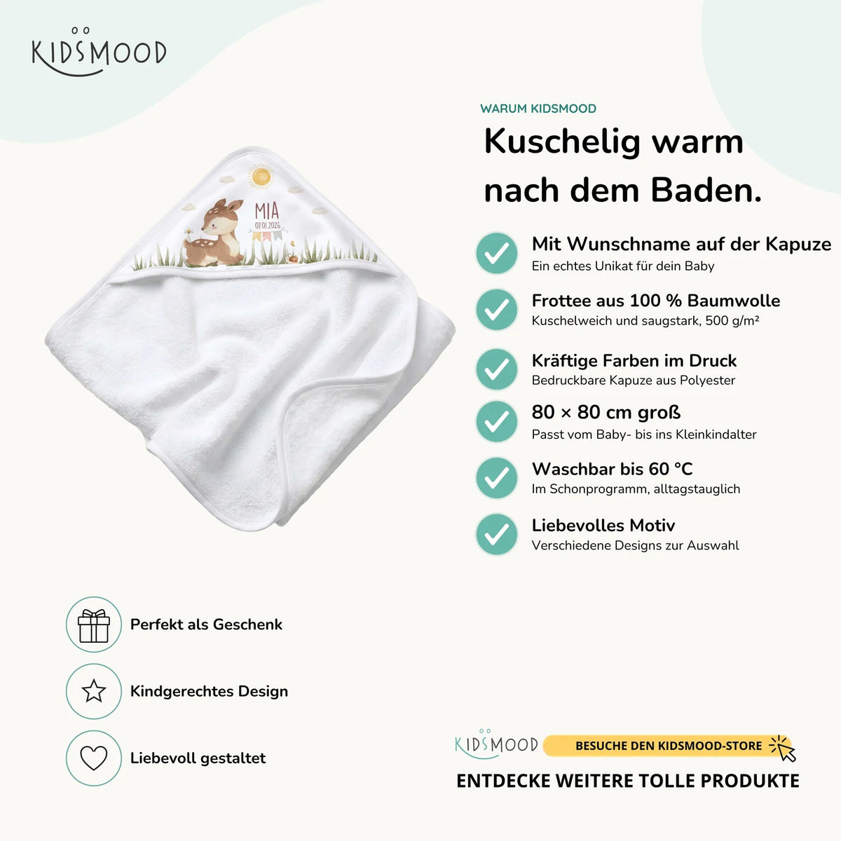 Personalisiertes Kapuzenhandtuch Baby â Reh Geburtsdaten