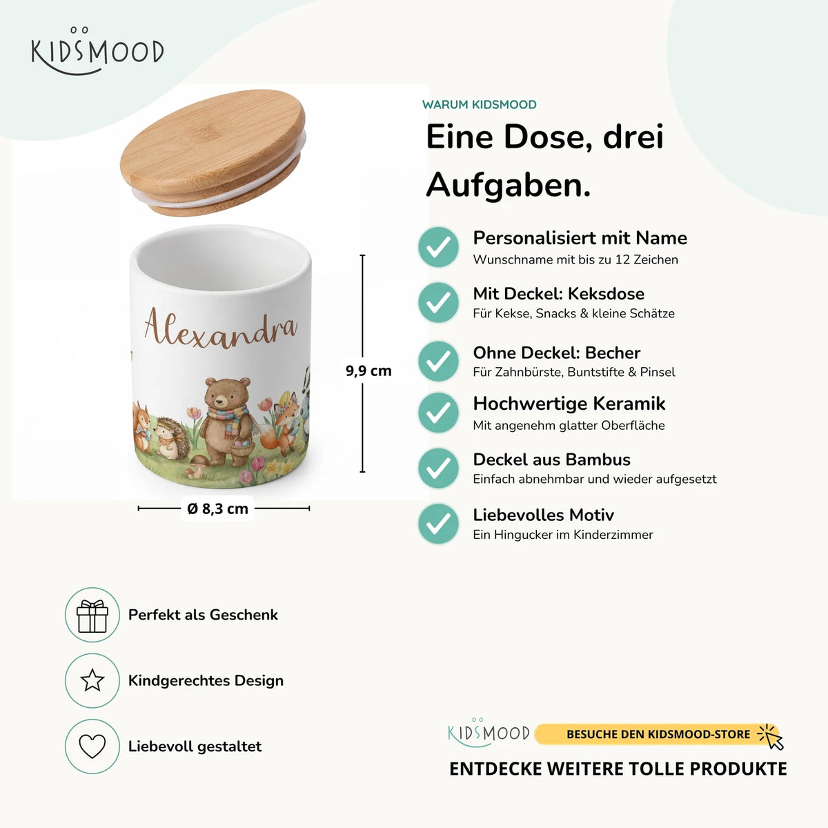 Personalisierte Keksdose Herbst-Waldtiere – Keramik & Bambus mit Wunschname