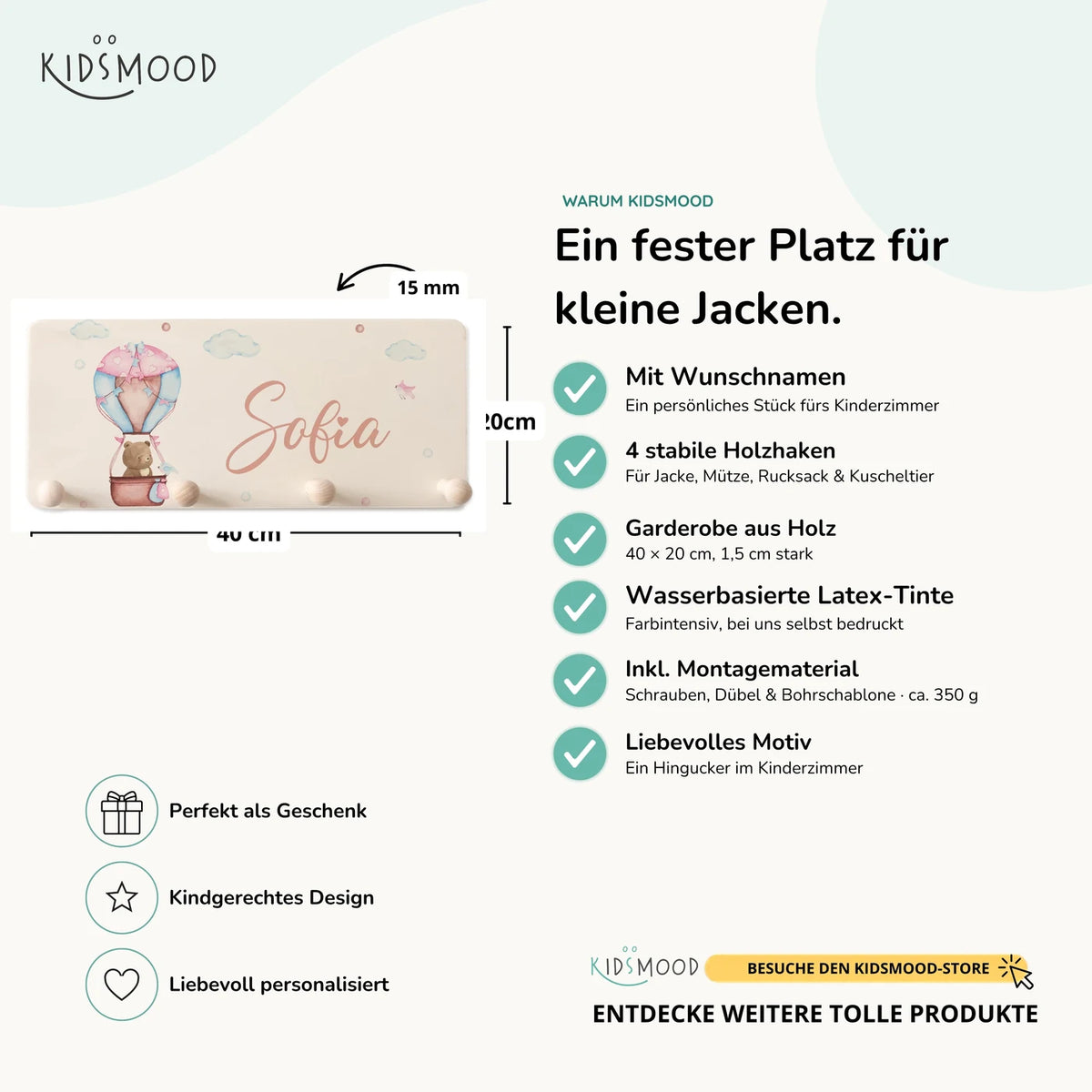 Kindergarderobe Holz personalisiert - Ballon Bär