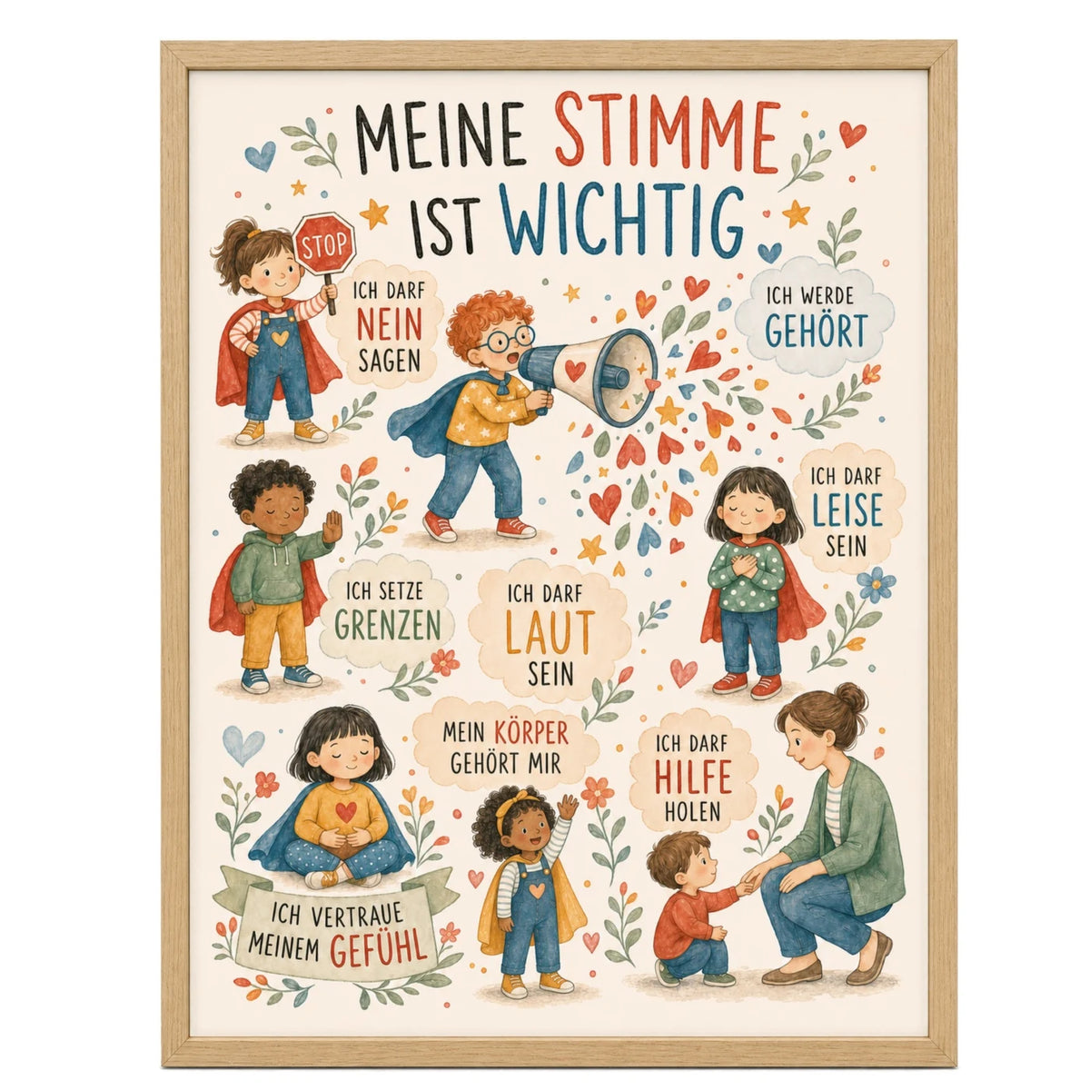 Affirmationsposter âWimmelbild Meine Stimmeâ fĂŒrs Kinderzimmer â Kinderposter mit positiven Botschaften, 30 Ă 40 cm