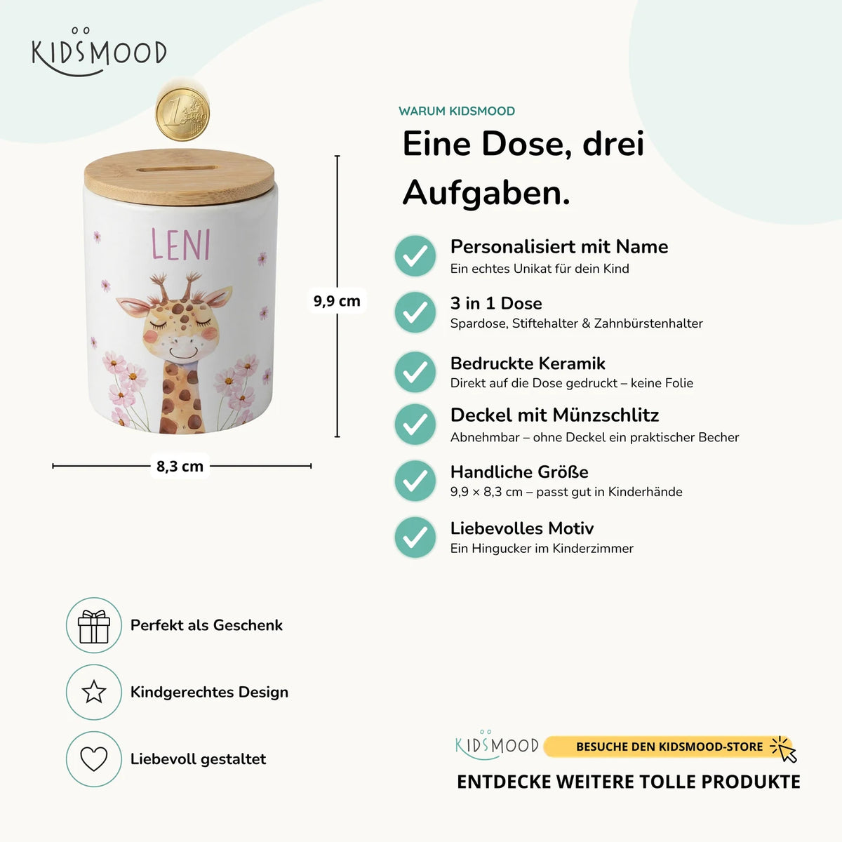 Personalisierte Spardose Giraffe Blumen â Keramik & Bambus mit Wunschname