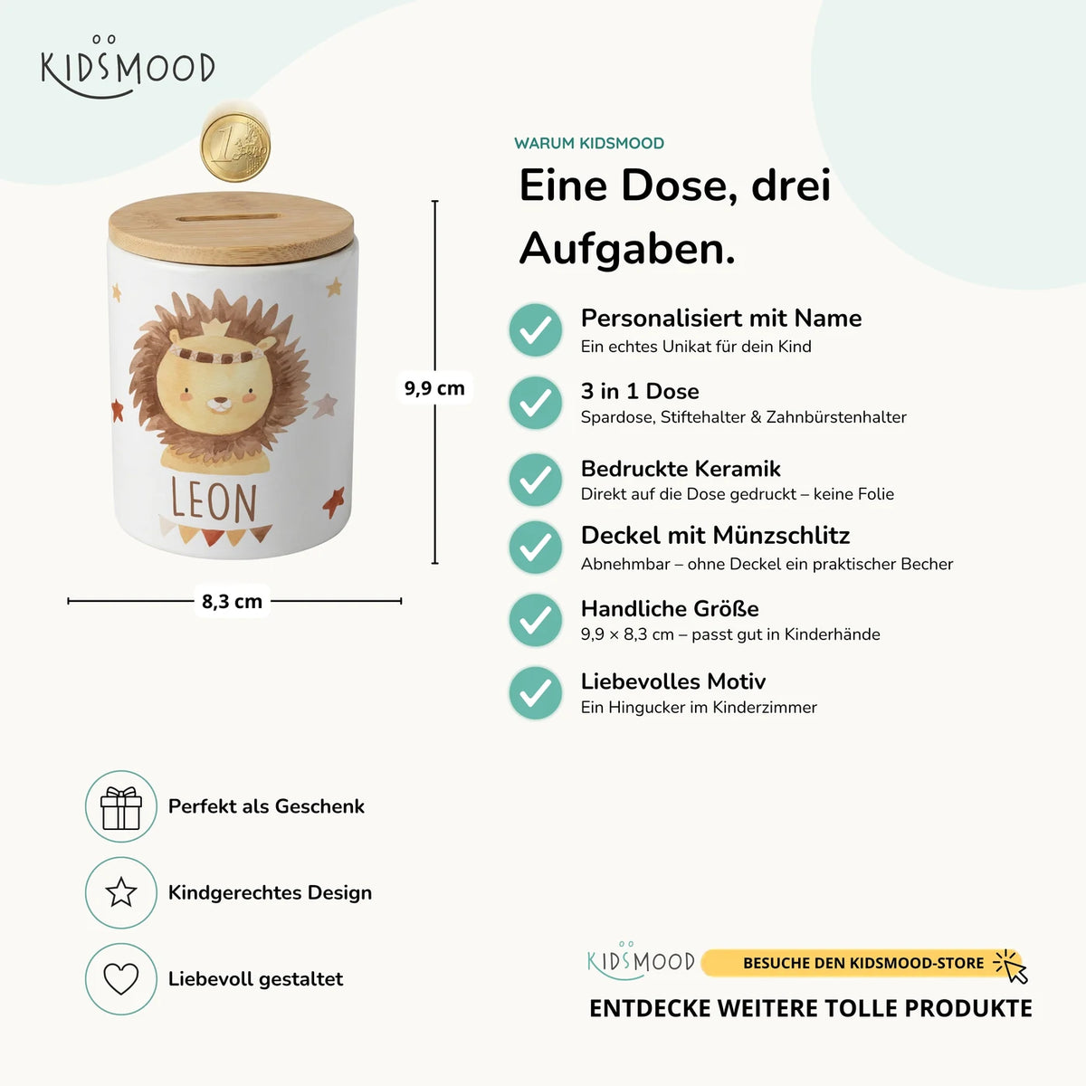 Personalisierte Spardose Löwe Boho â Keramik & Bambus mit Wunschname