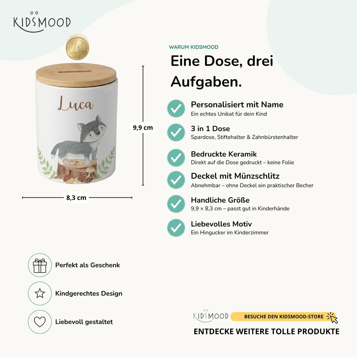 Personalisierte Spardose Wolf Wald – Keramik & Bambus mit Wunschname