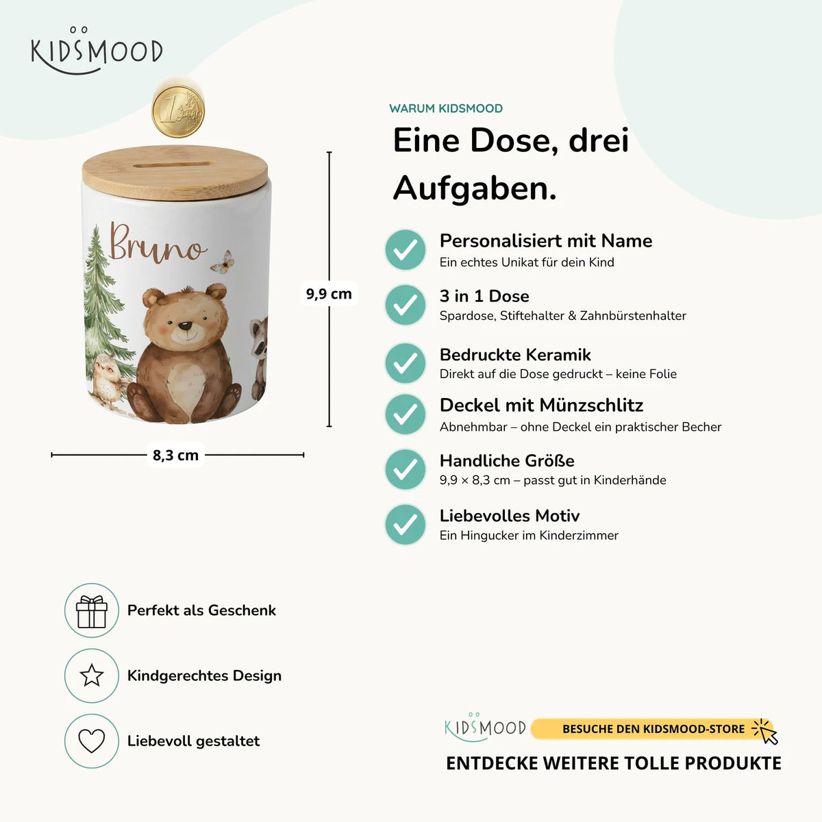 Personalisierte Spardose BĂ€r & WaschbĂ€r â Keramik & Bambus mit Wunschname