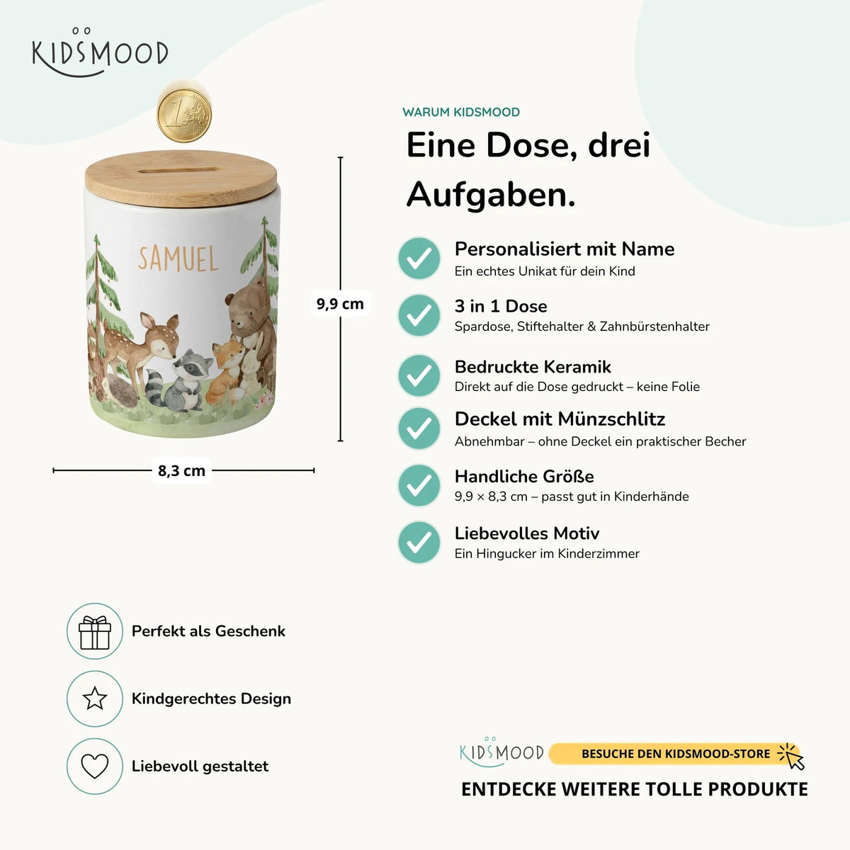 Personalisierte Spardose Waldfreunde III – Keramik & Bambus mit Wunschname