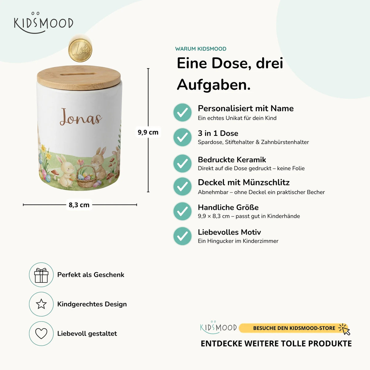 Personalisierte Spardose Ostern Hasen – Keramik & Bambus mit Wunschname