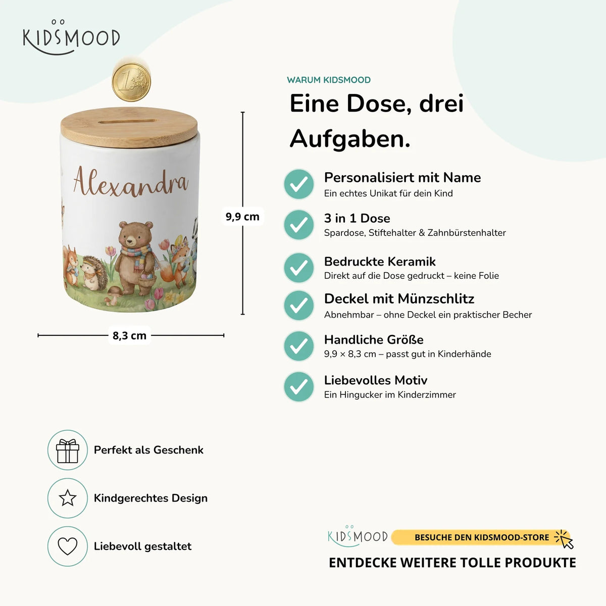 Personalisierte Spardose Herbst-Waldtiere – Keramik & Bambus mit Wunschname