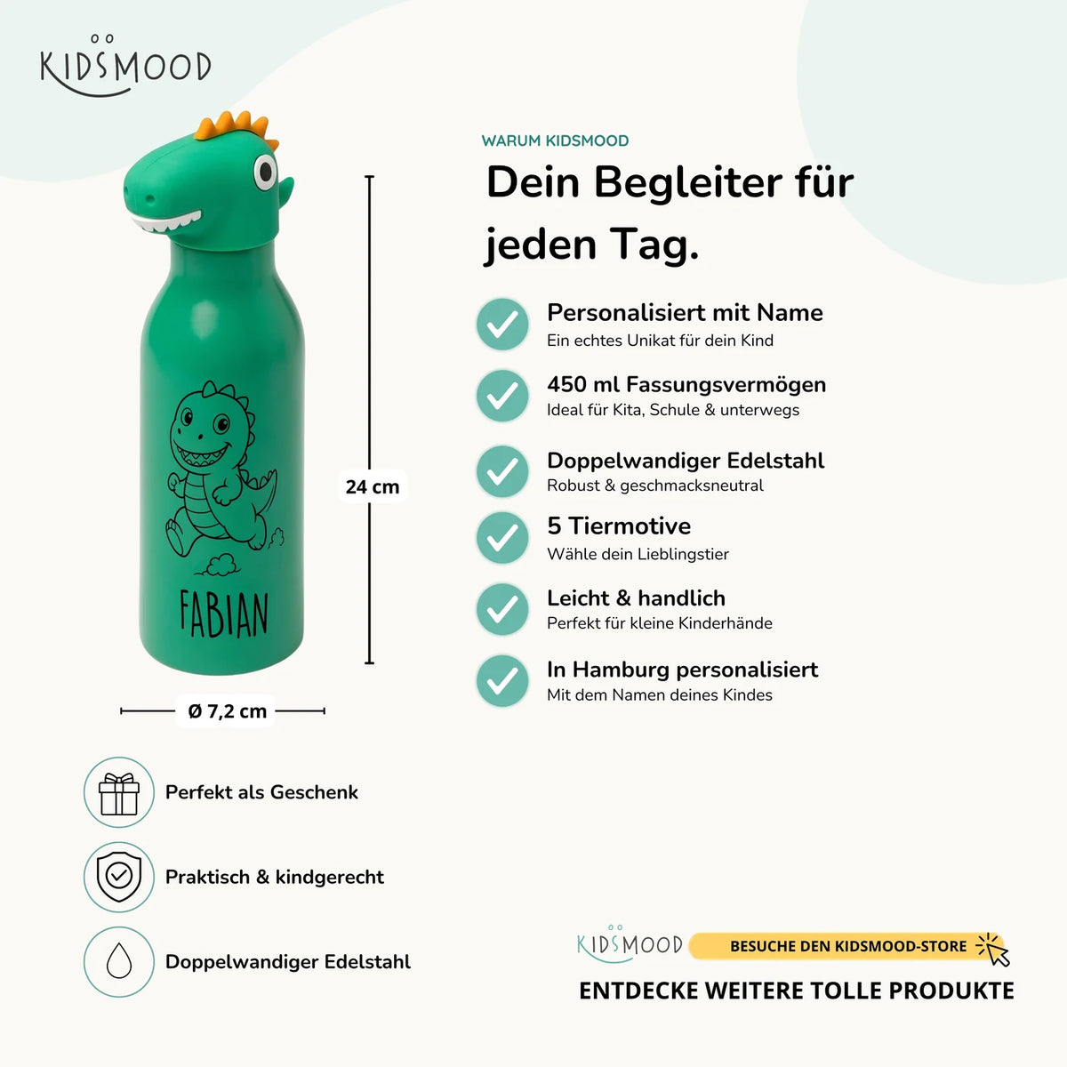 Personalisierte Trinkflasche Kinder Dino – 450 ml