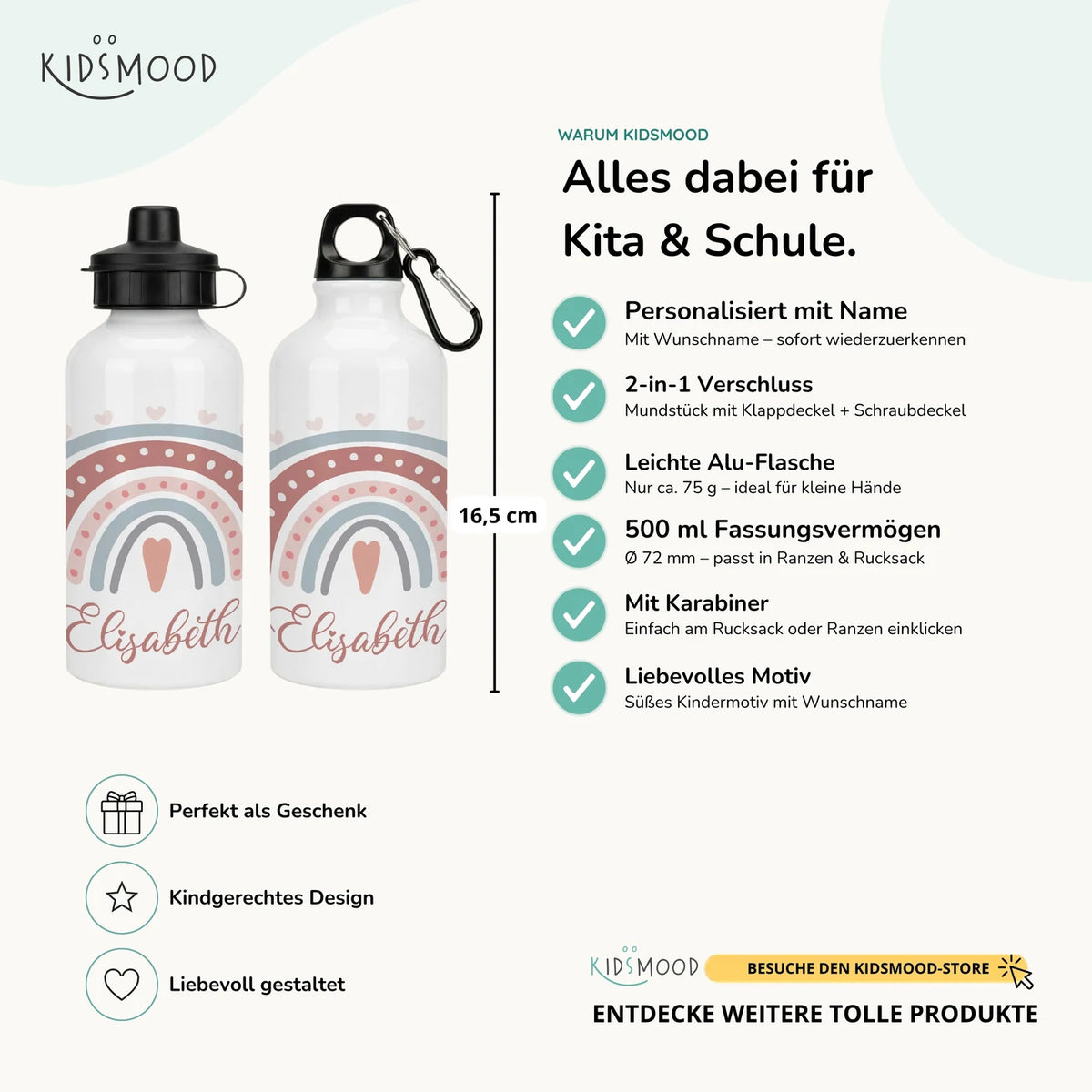 Personalisierte Trinkflasche Kinder – Boho-Regenbogen Herzen