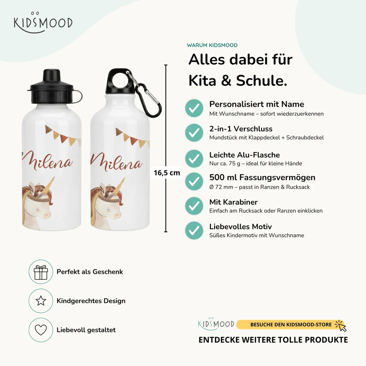 Personalisierte Trinkflasche Kinder – Einhorn Indianer