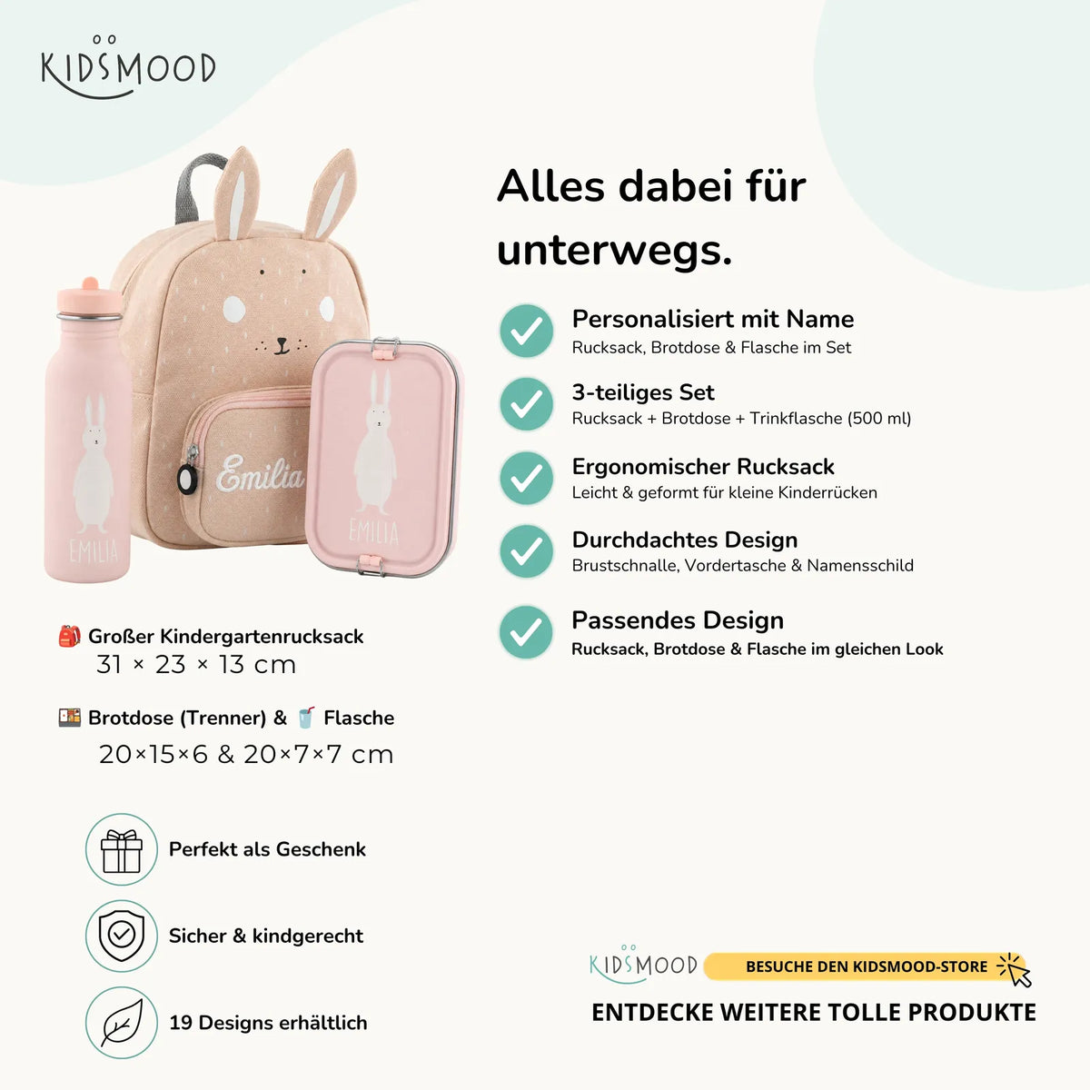 Trixie Kindergarten Set Hase, Set aus Rucksack, Trinkflasche und Brotdose, personalisiert