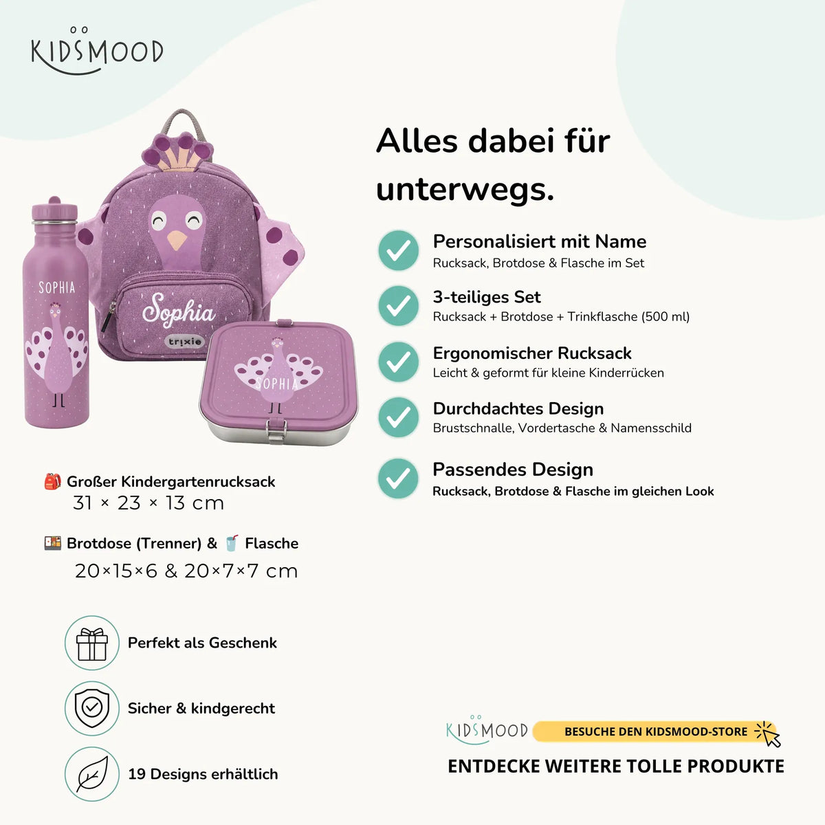 Trixie Kindergarten Set Pfau, Set aus Rucksack, Trinkflasche und Brotdose, personalisiert