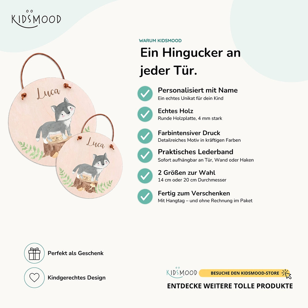 Türschild Kinderzimmer personalisiert mit Name Wolf im Wald