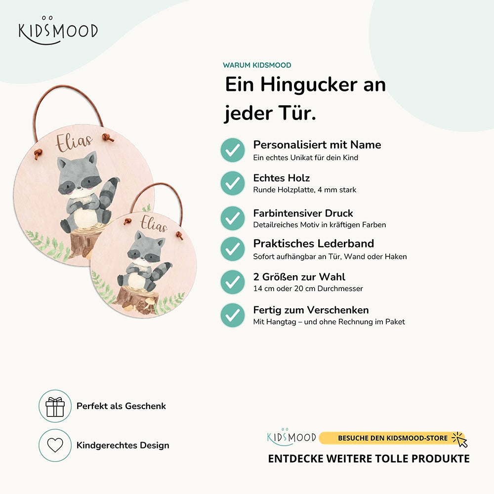 TĂŒrschild Kinderzimmer personalisiert mit Name WaschbĂ€r im Wald