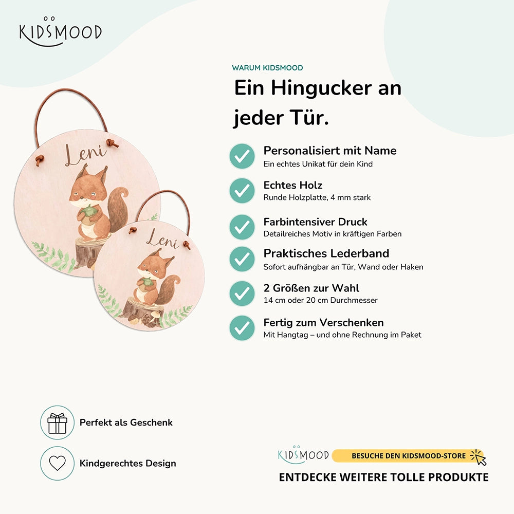 Türschild Kinderzimmer personalisiert mit Name Eichhörnchen im Wald