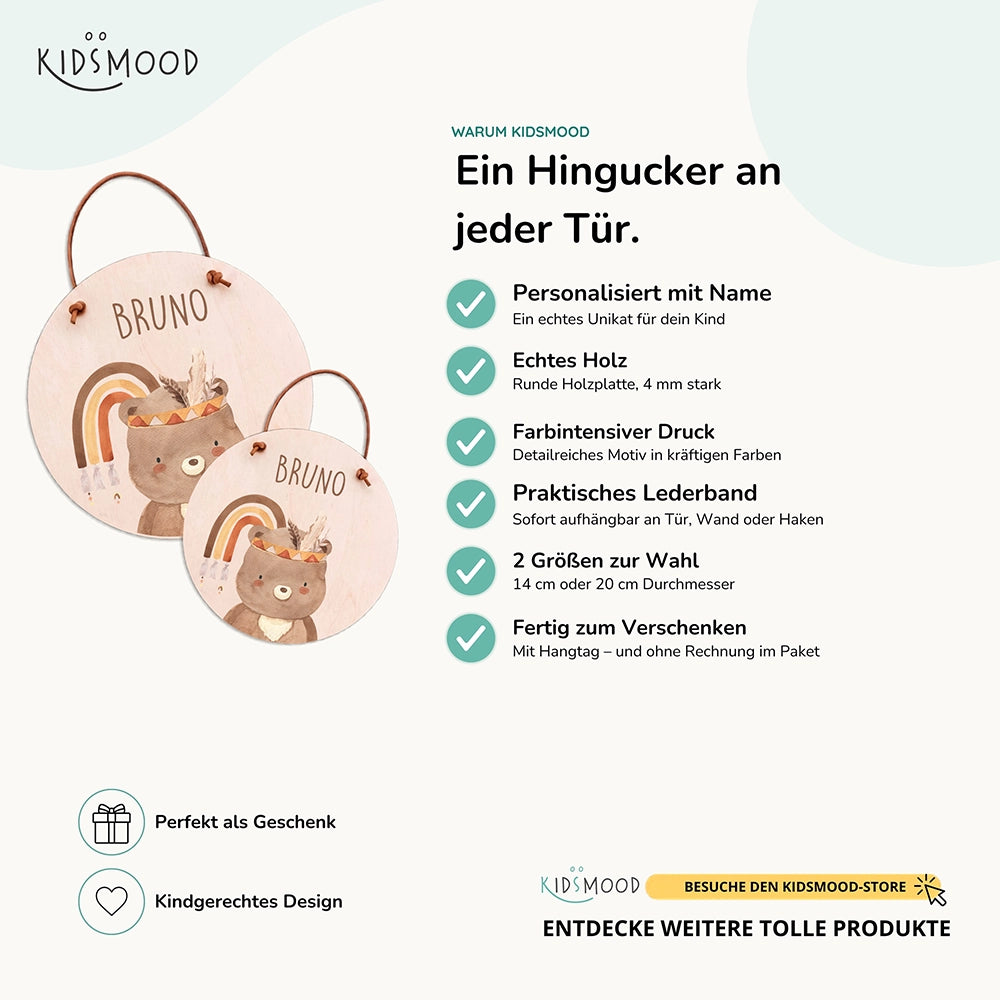 Türschild Kinderzimmer personalisiert mit Name Bär mit Regenbogen