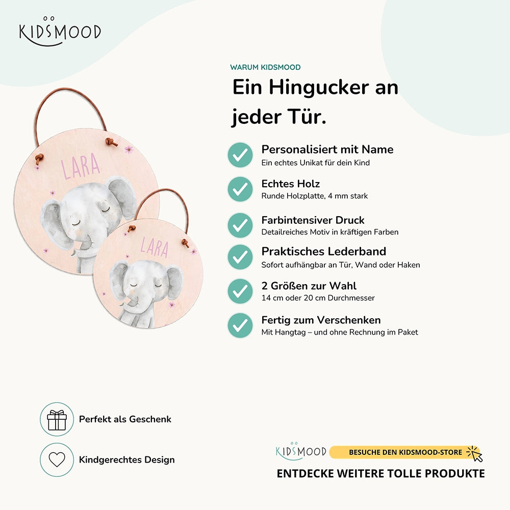Türschild Kinderzimmer personalisiert mit Name Elefant mit Blüten