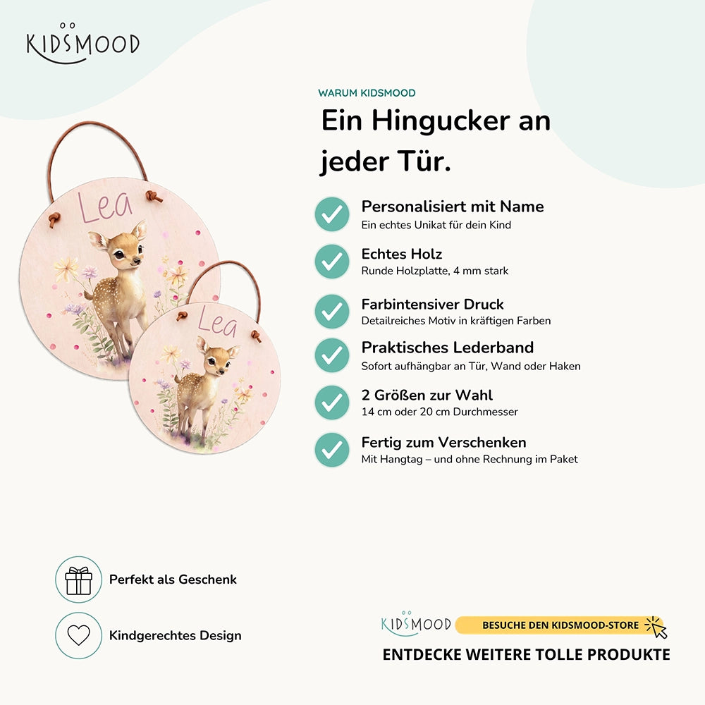 Türschild Kinderzimmer personalisiert mit Name Reh mit Wildblumen