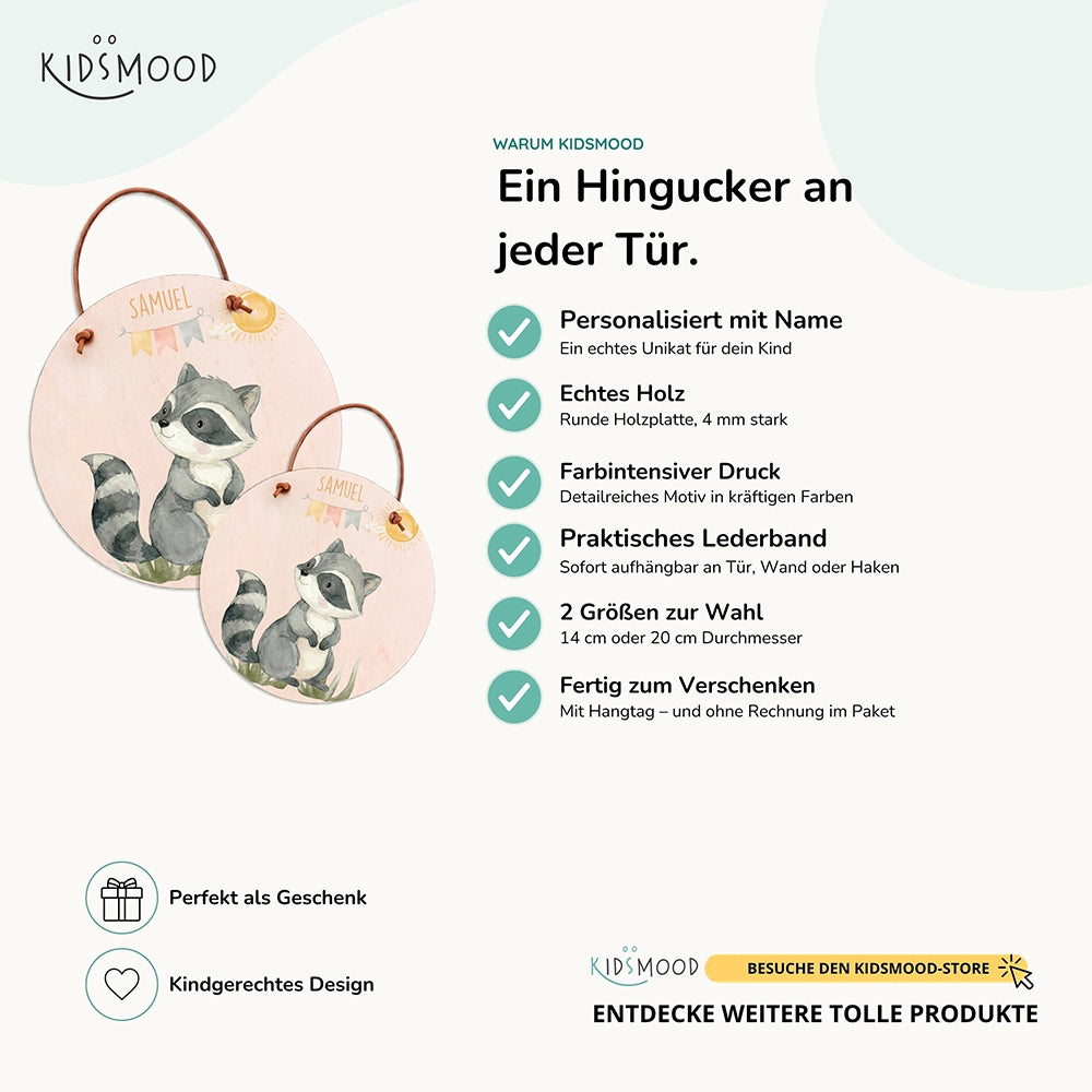 TĂŒrschild Kinderzimmer personalisiert WaschbĂ€r mit Wimpelkette