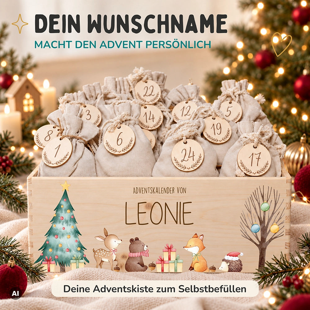 Adventskalender zum Befüllen "Waldtiere um den Weihnachtsbaum" personalisiert