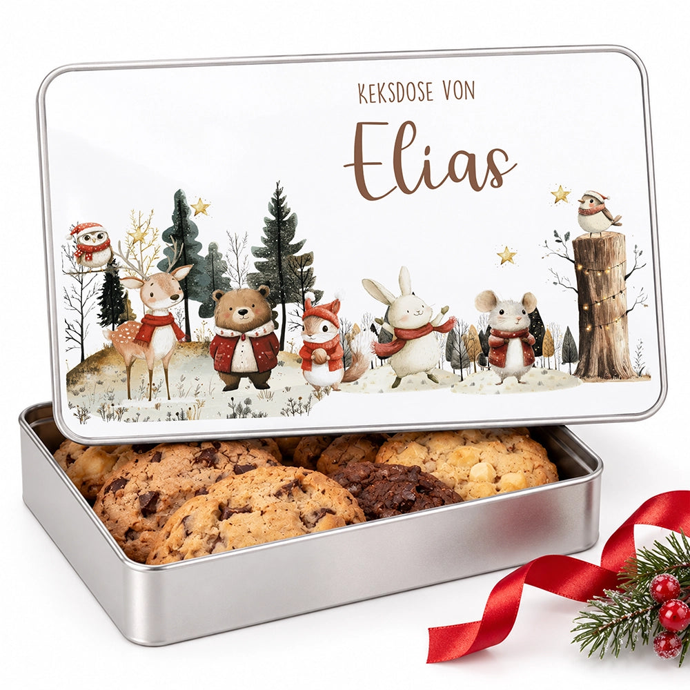 Keksdose aus Metall personalisiert - Weihnachtsfreunde im Schnee