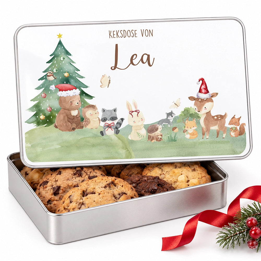Keksdose aus Metall personalisiert - Kleine Waldbewohner im Weihnachtsglanz
