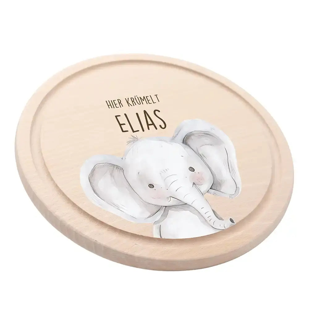 Rundes personalisiertes Frühstücksbrettchen Elefant mit Namen für Kinder
