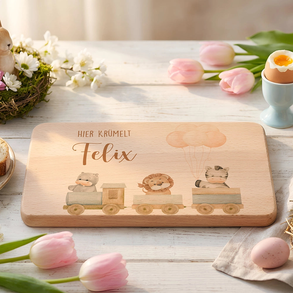 Frühstücksbrettchen Holz personalisiert Tiere Eisenbahn
