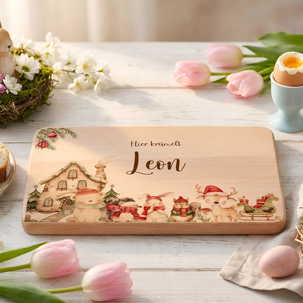 Frühstücksbrettchen Weihnachten Winterdorf mit Tieren - Geschenk Weihnachten