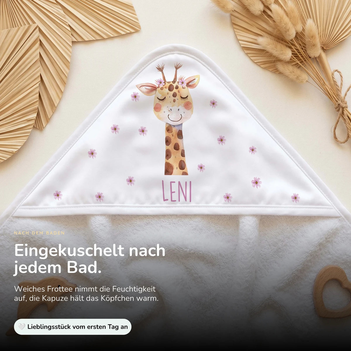 Personalisiertes Kapuzenhandtuch Baby â Giraffe BlĂŒten