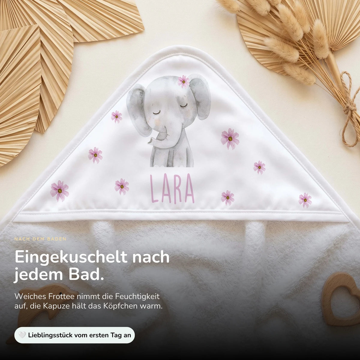 Personalisiertes Kapuzenhandtuch Baby â Elefant BlĂŒten