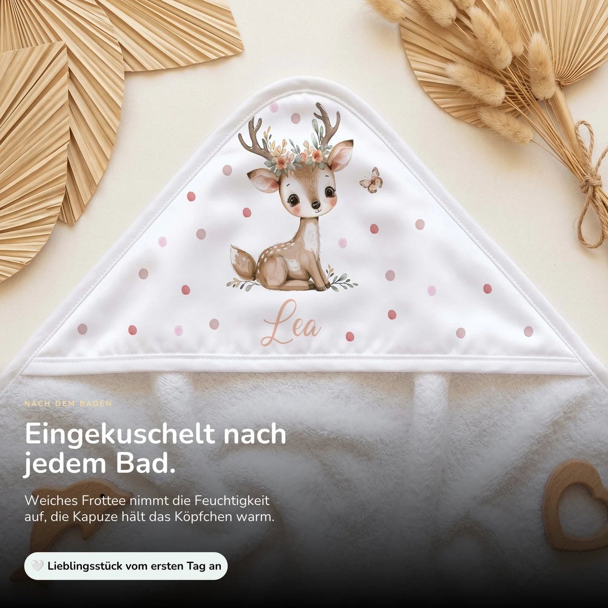 Personalisiertes Kapuzenhandtuch Baby – Rehbock Blütenkranz