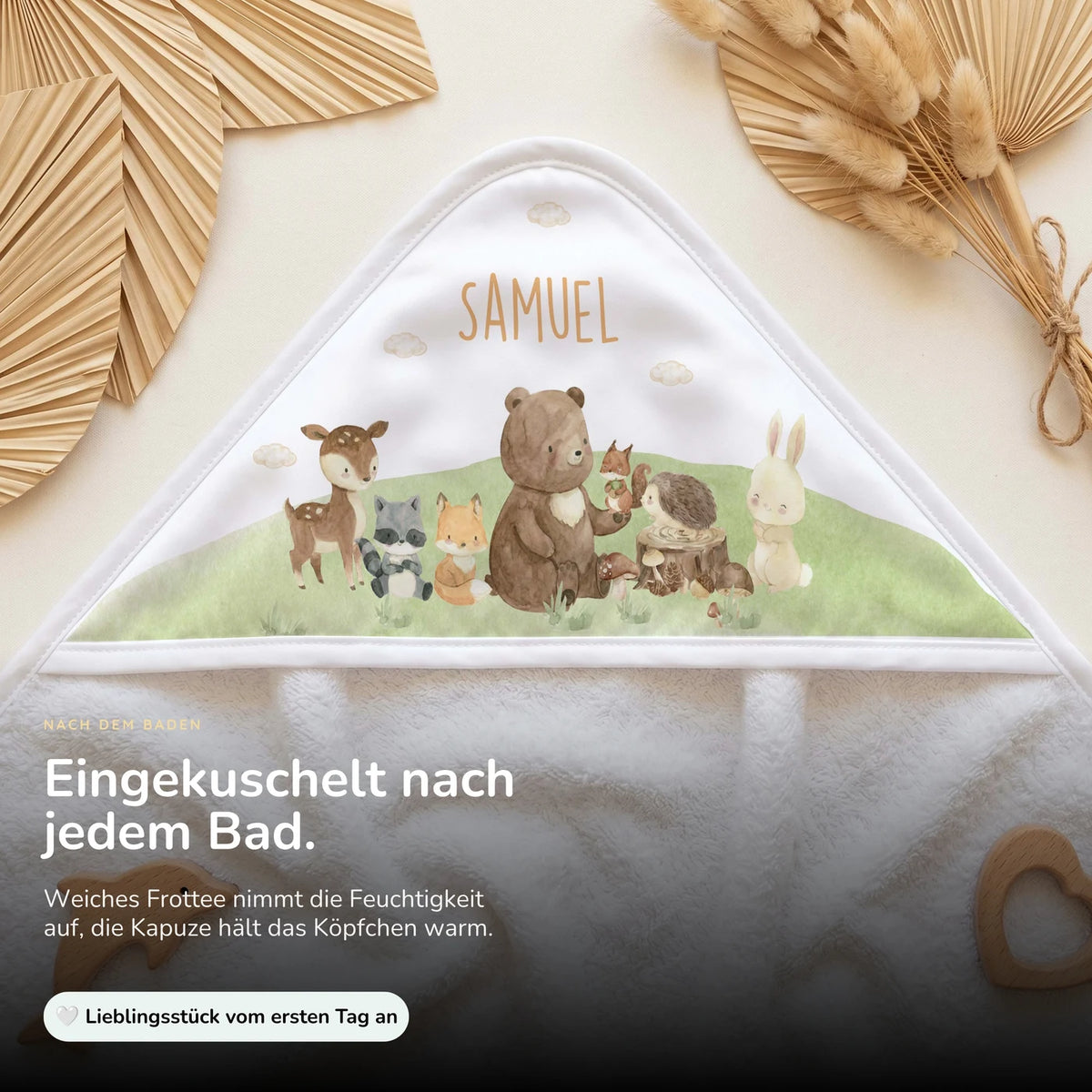 Personalisiertes Kapuzenhandtuch Baby – Waldfreunde Hügel