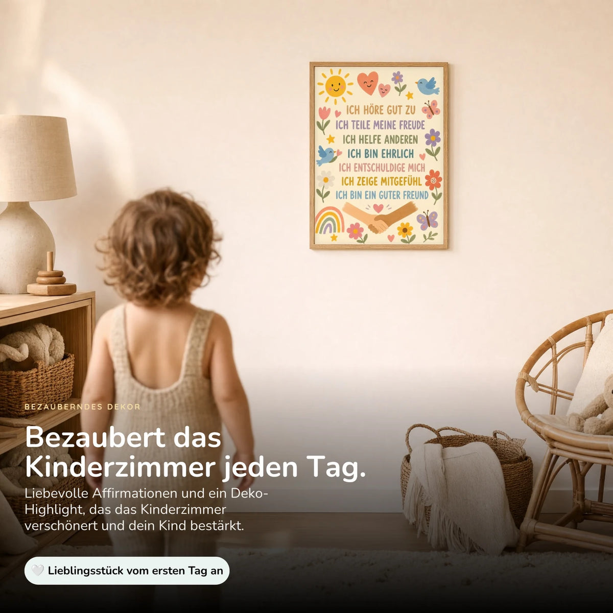 Kind vor dem Affirmationsposter âBlumenwiese Ich höre zuâ an der Wand â Bilder fĂŒrs Kinderzimmer