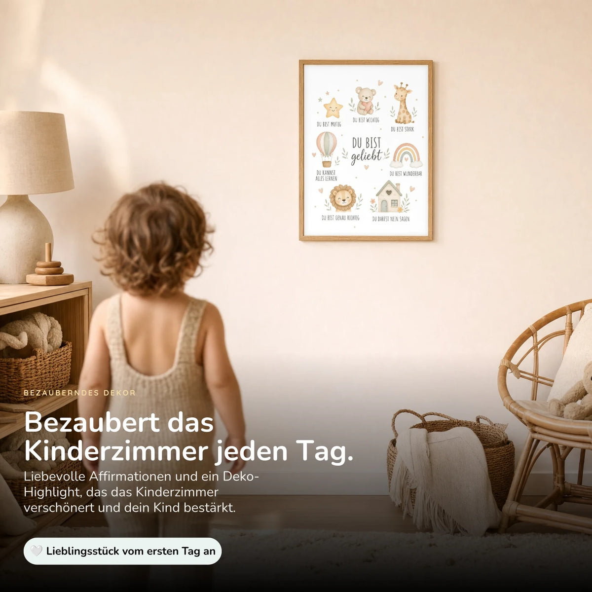 Kind vor dem Affirmationsposter âCollage Du bist geliebtâ an der Wand â Bilder fĂŒrs Kinderzimmer