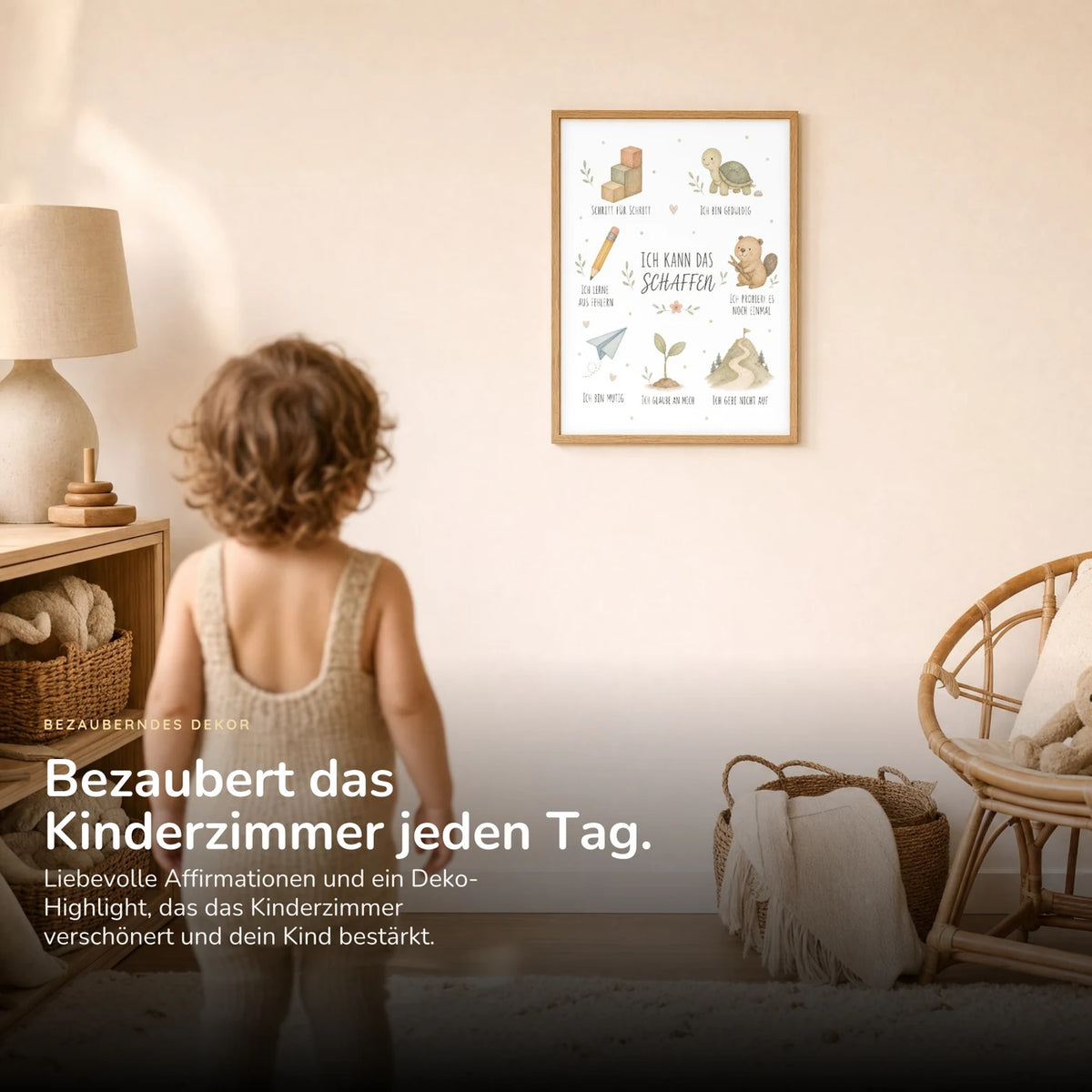 Kind vor dem Affirmationsposter âCollage Ich kann das schaffenâ an der Wand â Bilder fĂŒrs Kinderzimmer