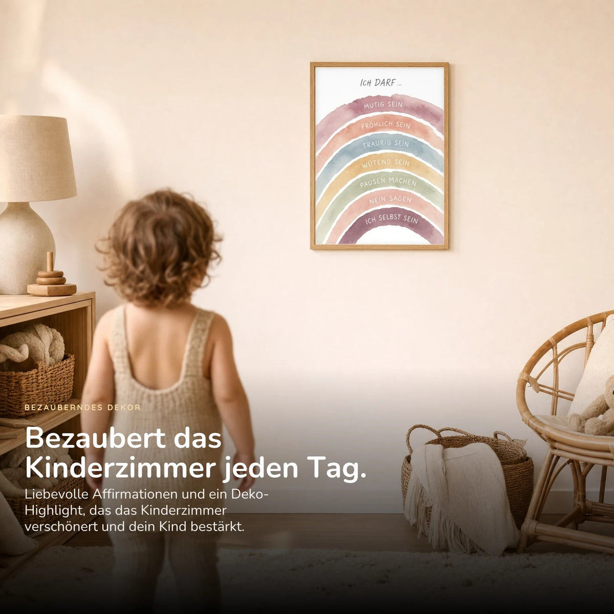 Kind vor dem Affirmationsposter „Regenbogen Ich darf“ an der Wand – Bilder fürs Kinderzimmer
