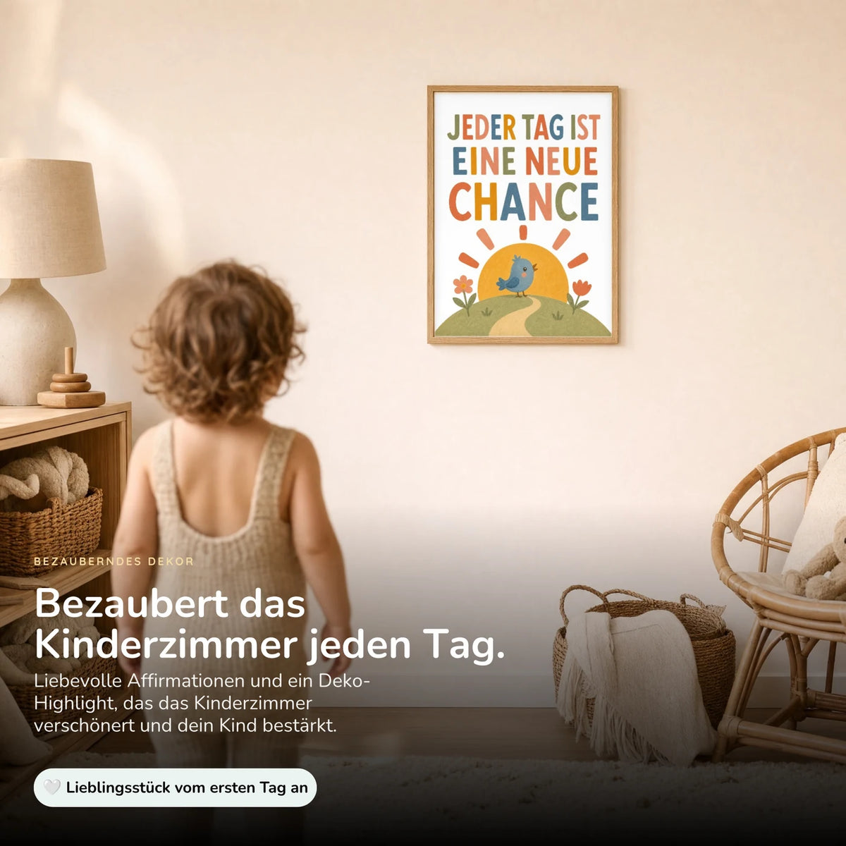 Kind vor dem Affirmationsposter „Vogel Jeder Tag neue Chance“ an der Wand – Bilder fürs Kinderzimmer