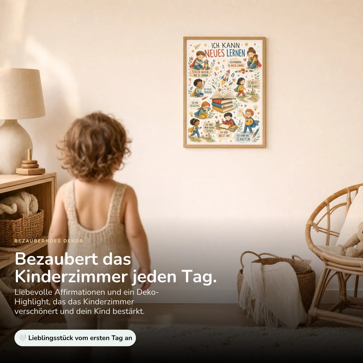 Kind vor dem Affirmationsposter âWimmelbild Neues lernenâ an der Wand â Bilder fĂŒrs Kinderzimmer